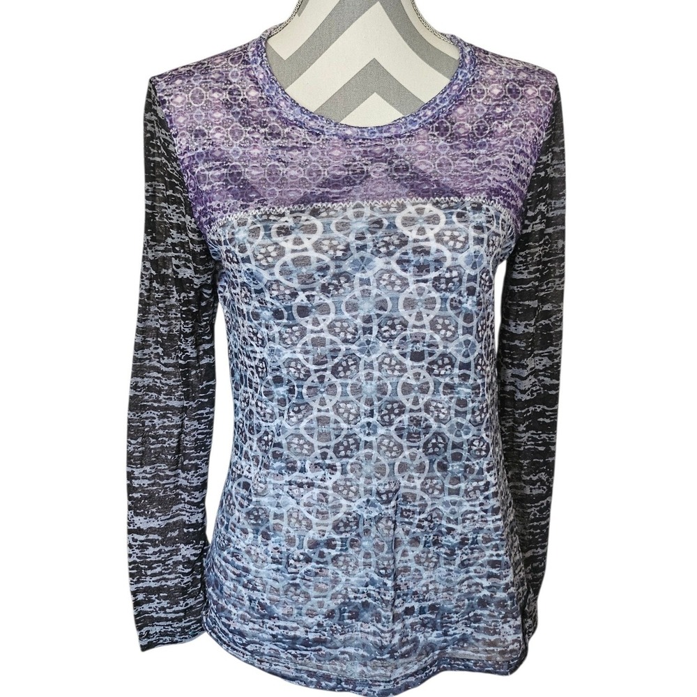 Prana Womens Large Purple Blue Geometric Burnout Long Sleeve Top Made in USA
